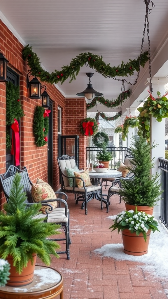 Cozy outdoor patio decorated for winter with greenery and festive accents.