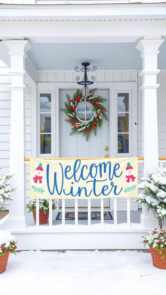 A winter porch decorated with a 'Welcome Winter' banner, a wreath, and festive planters