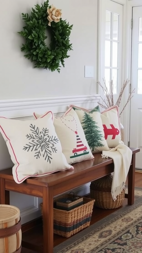 Cozy bench with seasonal pillows featuring winter designs and a green wreath on the wall