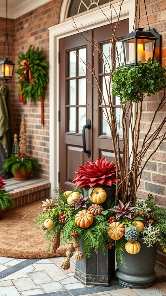 Seasonal plant arrangement at an entryway with pumpkins and greenery