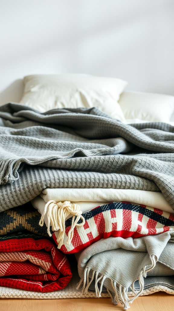 A stack of cozy throw blankets in various colors and textures, ready for winter nights.