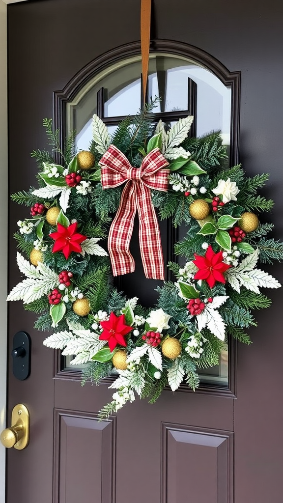 A festive seasonal wreath with red ornaments, pinecones, and greenery, hanging on a door.