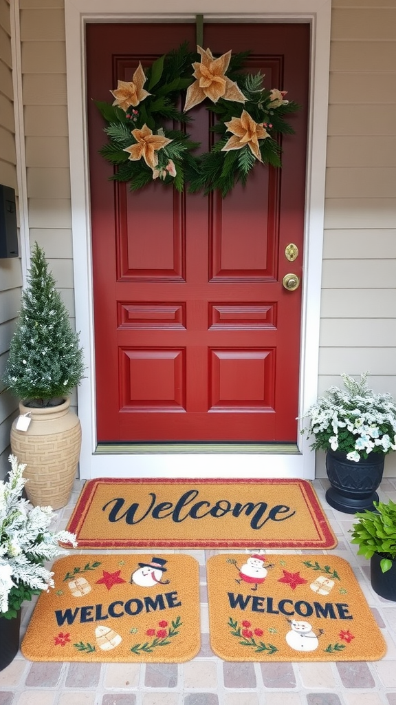 A winter-themed welcome mat in front of a door, with a decorative wreath and potted plants.