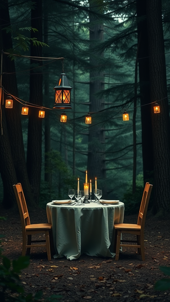 A romantic outdoor dining setup in a forest with a table, chairs, and glowing lanterns.