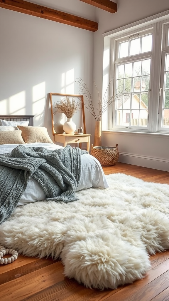 A cozy bedroom featuring a fluffy cream sheepskin rug placed next to a neatly made bed.