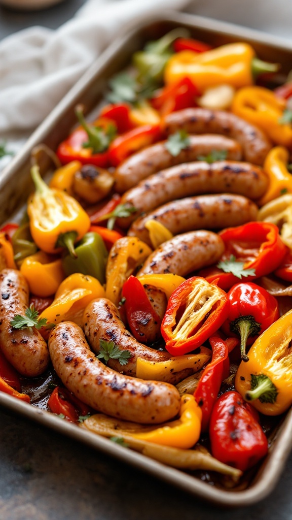 Sheet Pan Sausage and Peppers with colorful bell peppers and sausages roasted together