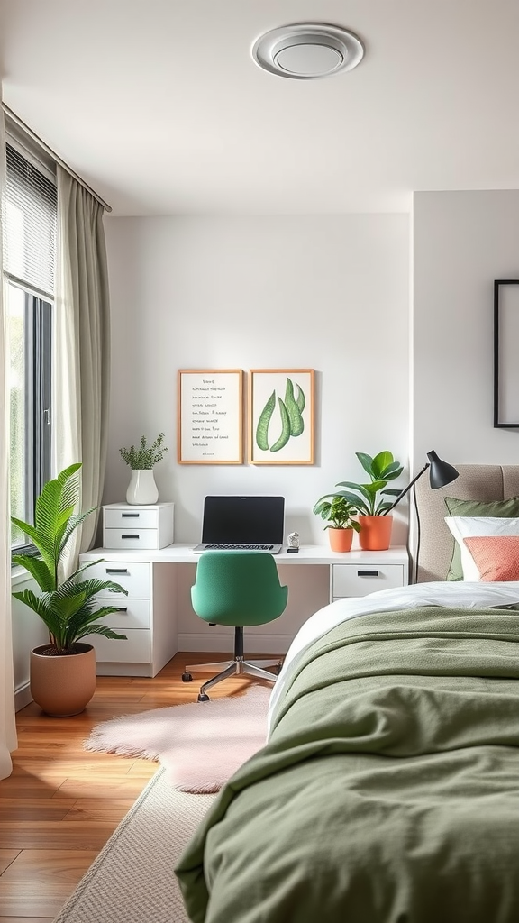 A cozy bedroom with a green office nook featuring a desk, plants, and green bedding.