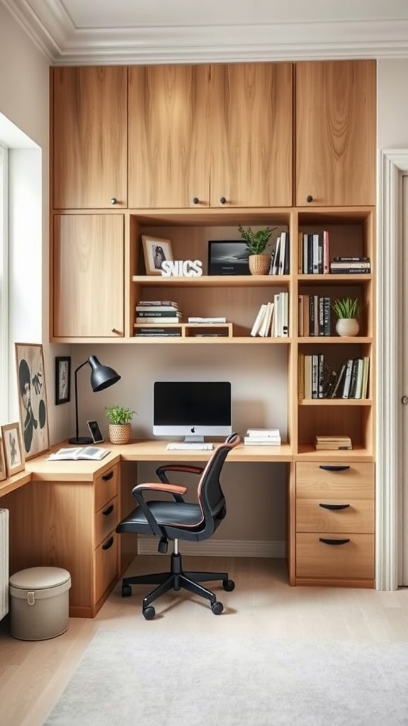 A modern home office with wooden cabinetry, a desk, computer, and decorative items.