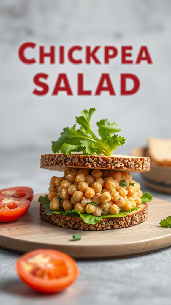 A delicious smashed chickpea salad sandwich with fresh ingredients, including lettuce and tomato, on a wooden plate.