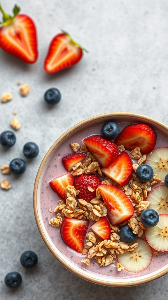 A vibrant Quick Breakfast Ideas for Busy Mornings, smoothie bowl topped with sliced strawberries, blueberries, and granola, surrounded by fresh strawberries and blueberries.