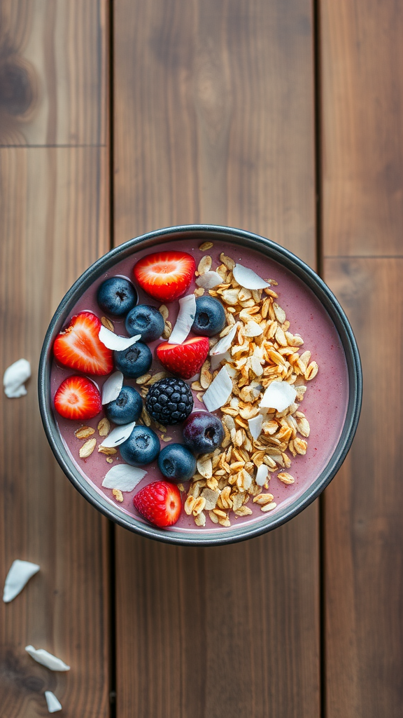 Easy Holiday Breakfast Ideas. A colorful smoothie bowl topped with granola and fresh berries.