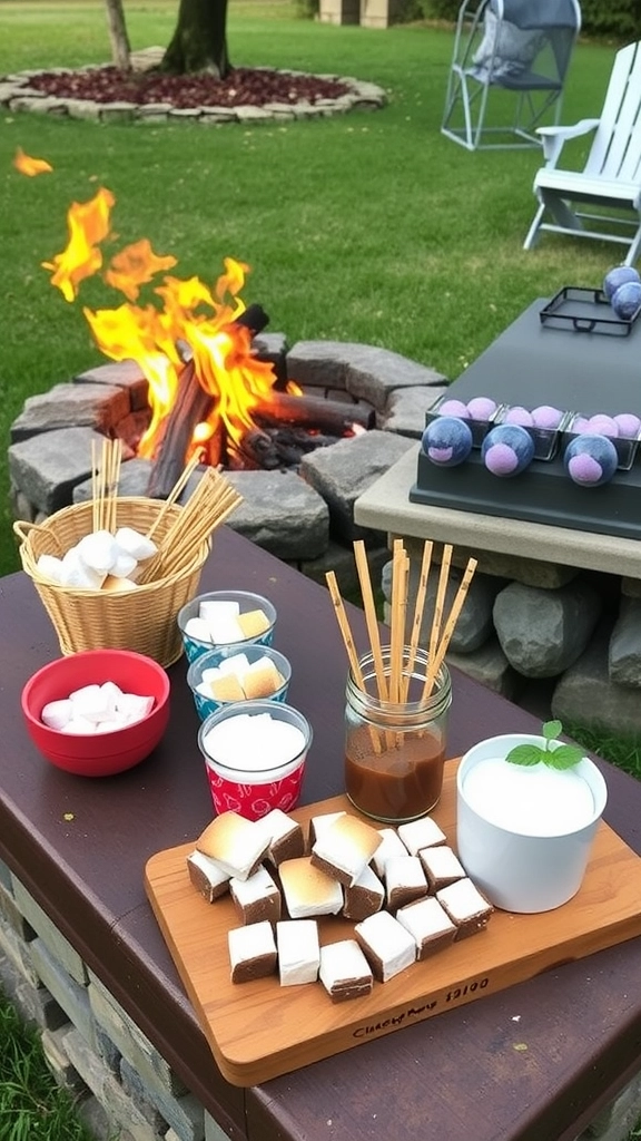 A cozy s'mores station by a fire pit, featuring graham crackers, chocolate, marshmallows, and skewers.