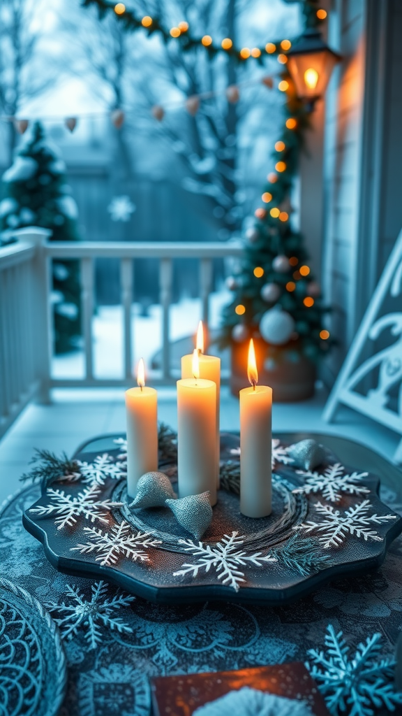 Candles on a winter porch, surrounded by snowflakes and greenery.