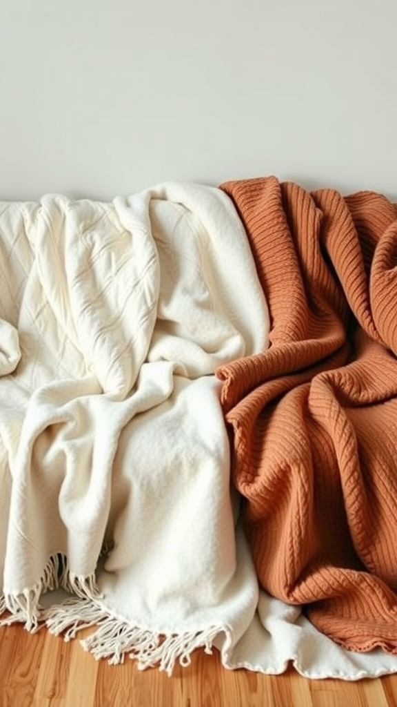 Cozy throw blankets in white and burnt orange draped over a sofa