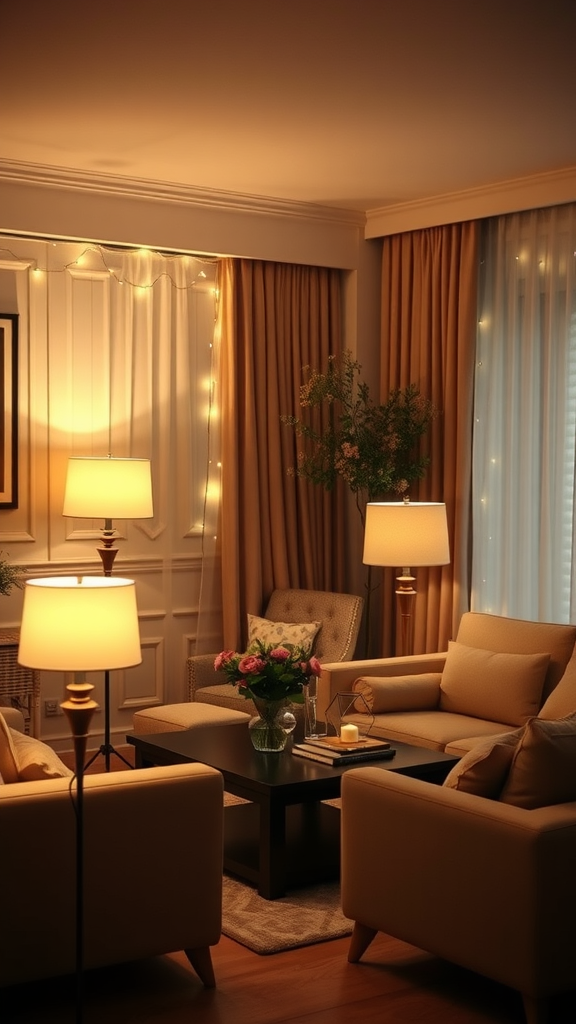 Cozy living room with warm lighting, floor lamps, and fairy lights