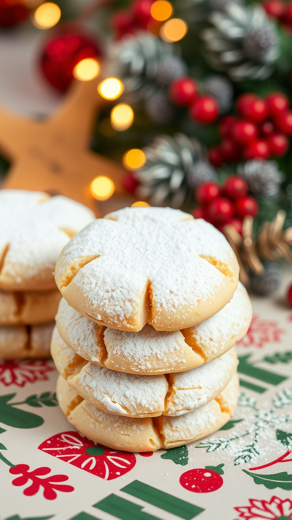 A stack of soft and chewy sugar cookies dusted with powdered sugar, set against a festive background with Christmas decorations.