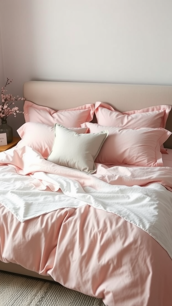 Cozy light pink bedroom with soft blush bedding and decorative pillows.