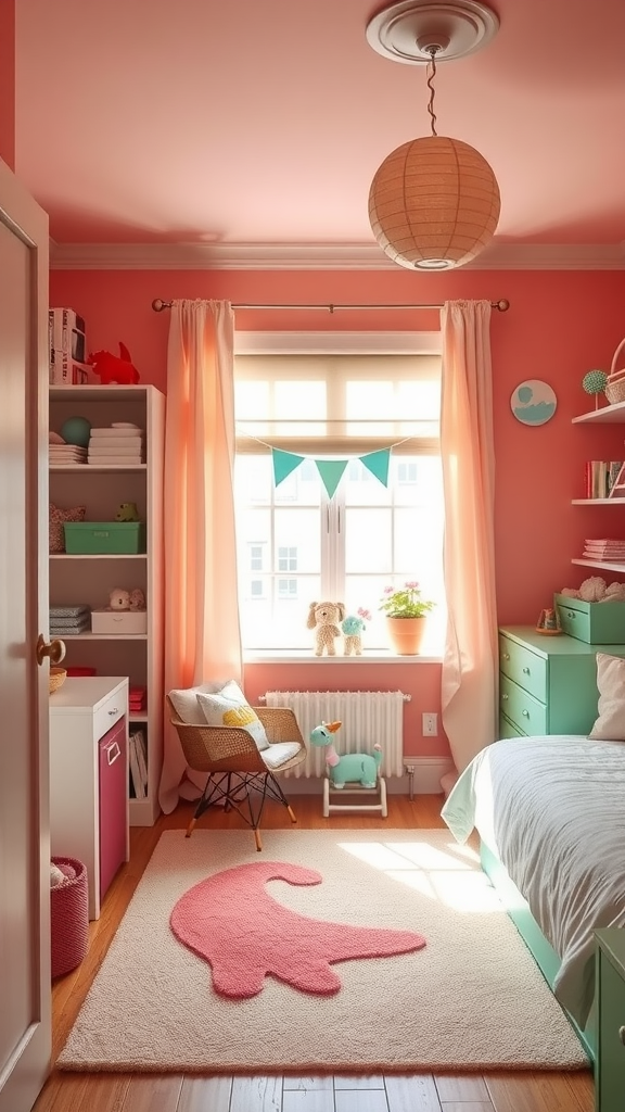 A bright and playful room featuring soft coral and mint colors with fun decor.