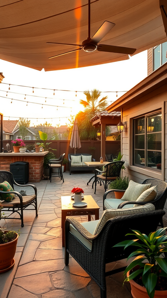 Cozy outdoor patio with string lights and people relaxing