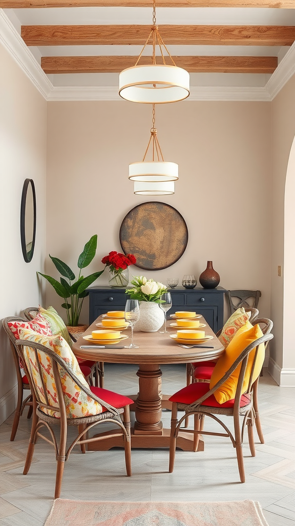 A cozy dining room featuring a round table with colorful cushions, a large chandelier, and a bright rug.