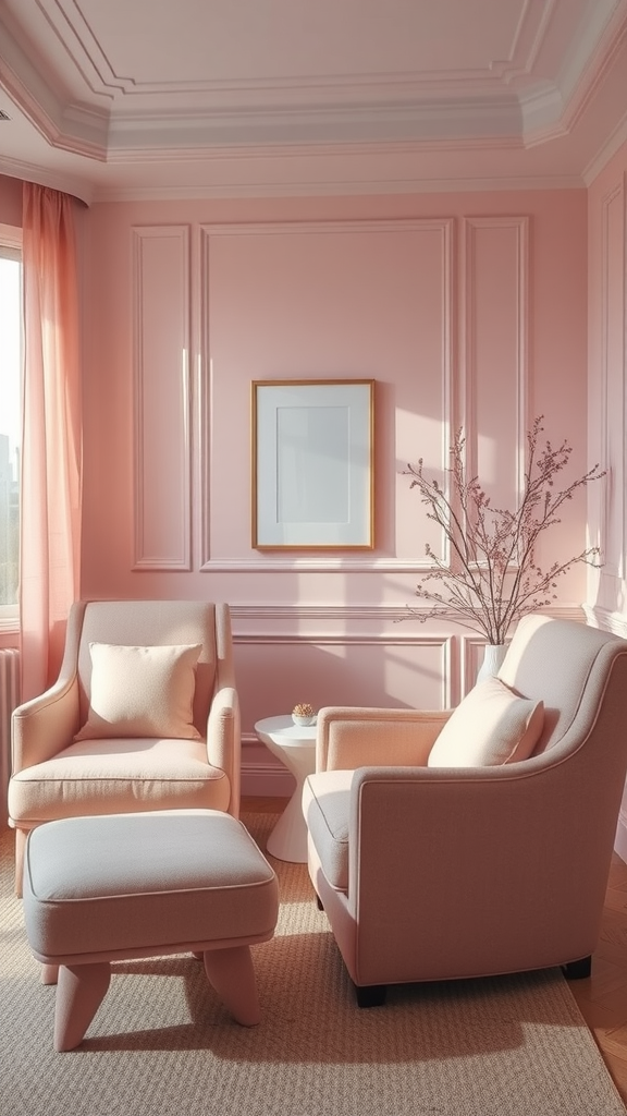 Cozy light pink bedroom with soft pink accent chairs and a small table.