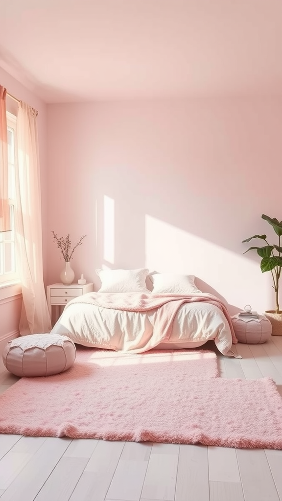 A cozy light pink bedroom featuring a fluffy pink area rug, a bed with soft bedding, and a bright window.