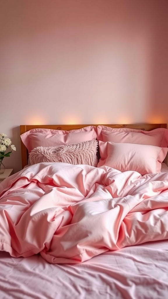 Cozy soft pink bedding on a wooden bed with fluffy pillows.