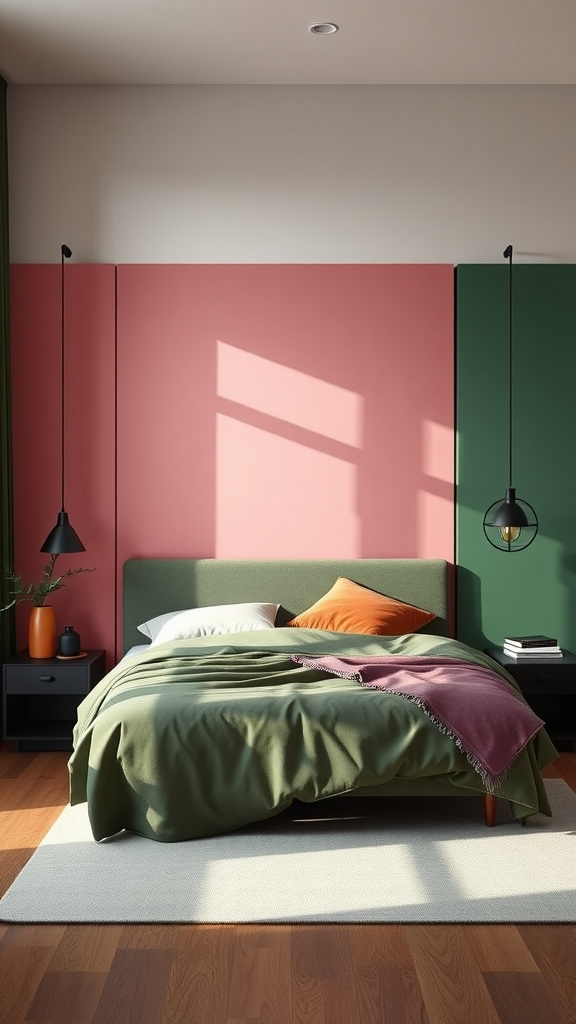 A stylish bedroom featuring green and pink color blocking on the walls, with a cozy bed and chic decor.