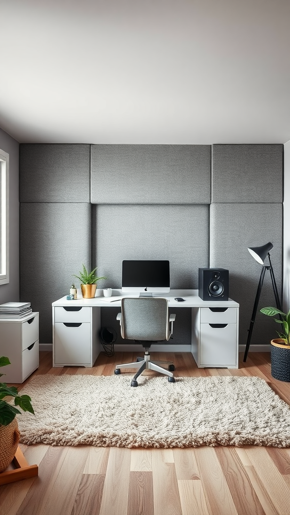 A cozy home office with soundproofing panels, a clean desk, and decorative plants.