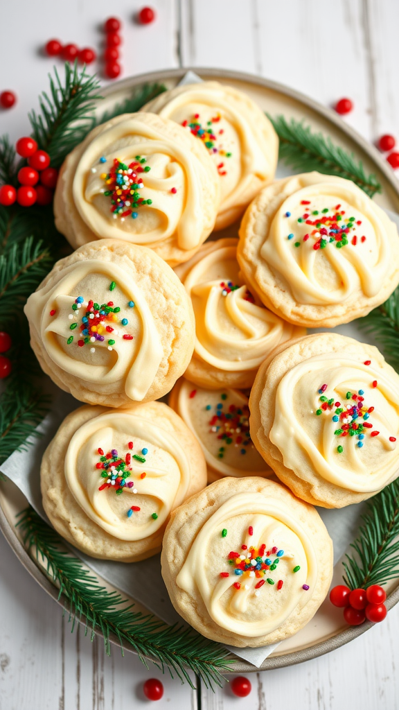 A plate of sour cream cookies with frosting and colorful sprinkles, surrounded by festive decorations.