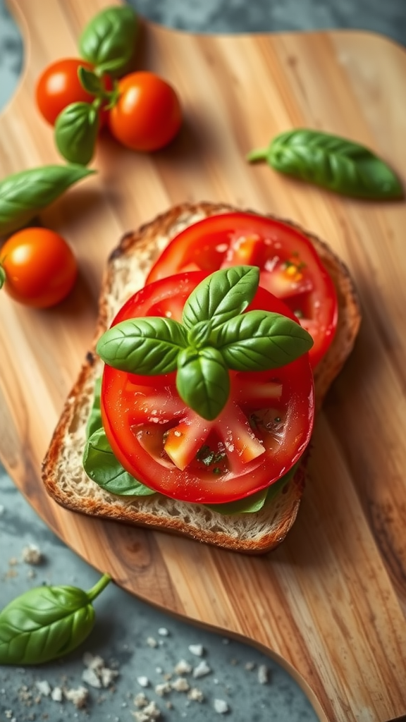 Sourdough toast topped with sliced tomatoes and fresh basil on a wooden cutting board.