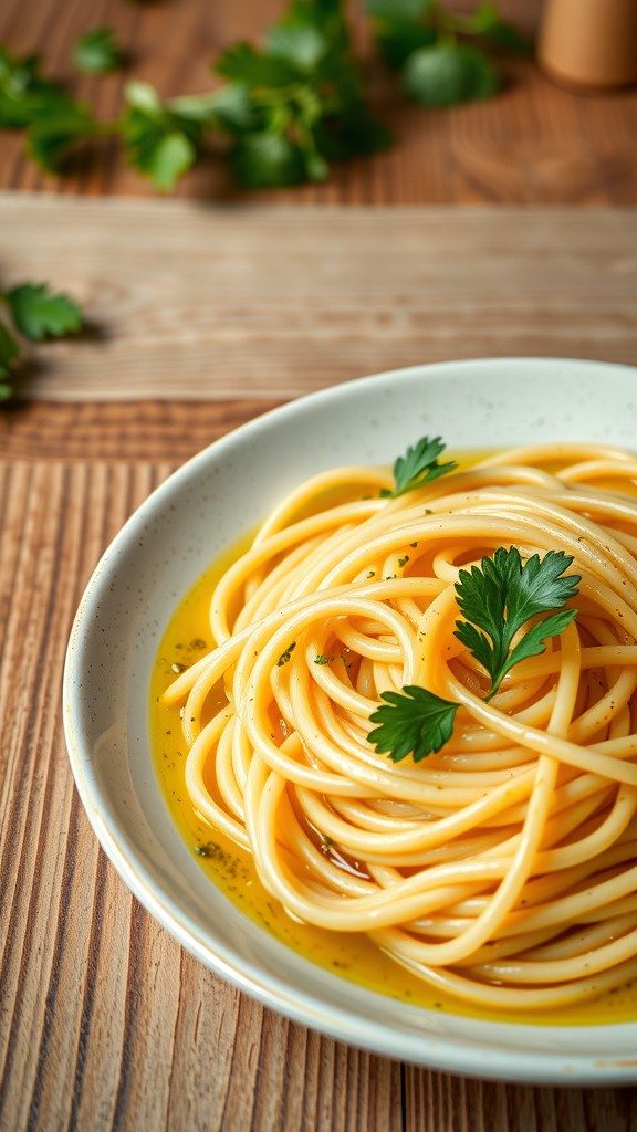 A plate of spaghetti aglio e olio garnished with parsley, surrounded by fresh herbs on a wooden surface.