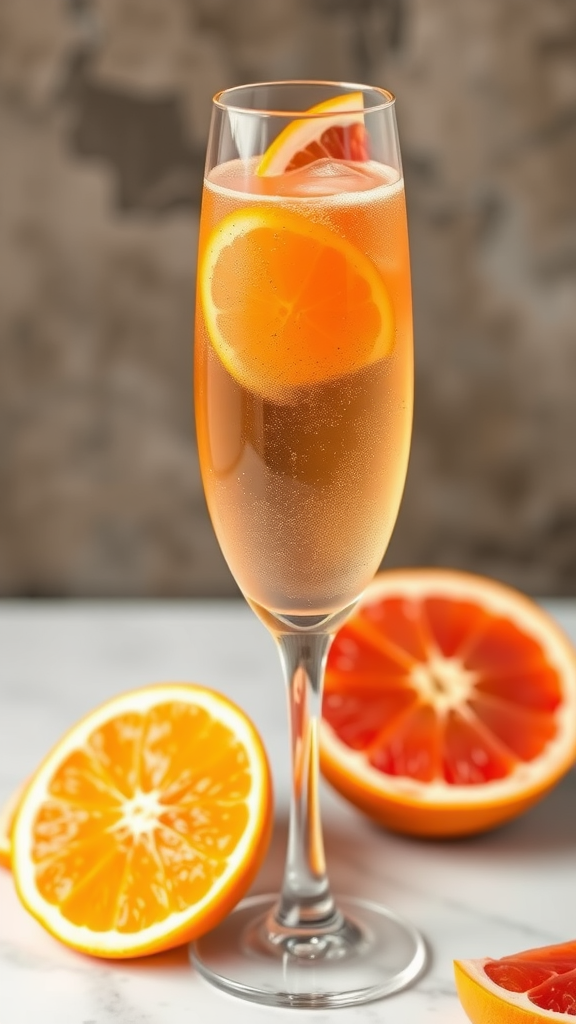 A glass of sparkling citrus mimosa with fresh orange and grapefruit slices.