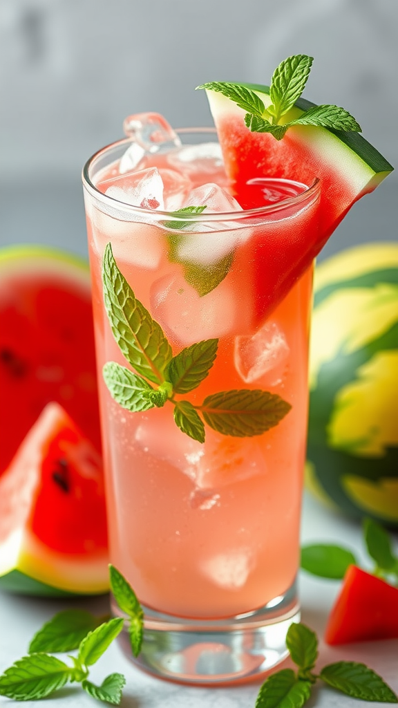 A refreshing Sparkling Watermelon Cooler garnished with watermelon and mint leaves.