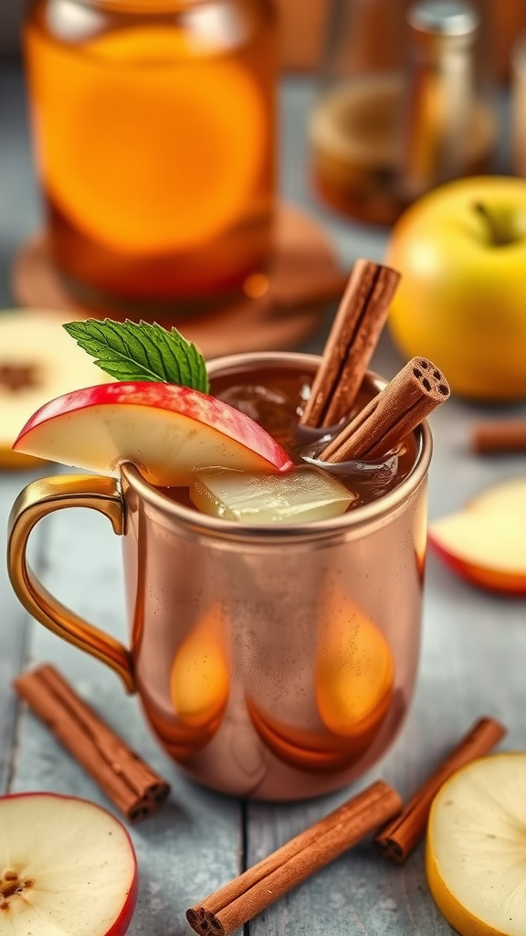 A copper mug filled with spiced apple cider, garnished with apple slices and cinnamon sticks, surrounded by fresh apples and spices.