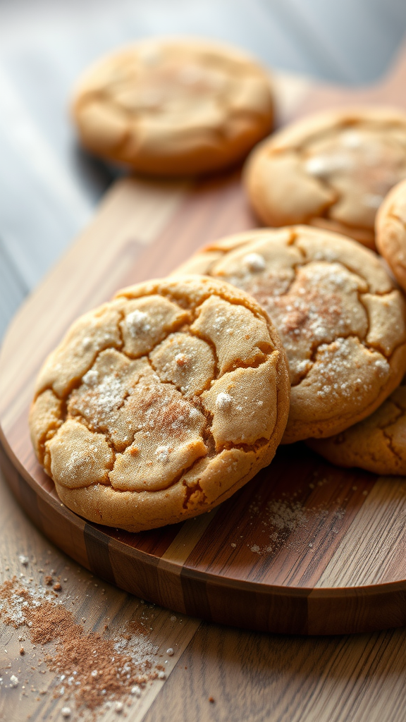 Freshly baked spiced Snickerdoodle cookies on a wooden board