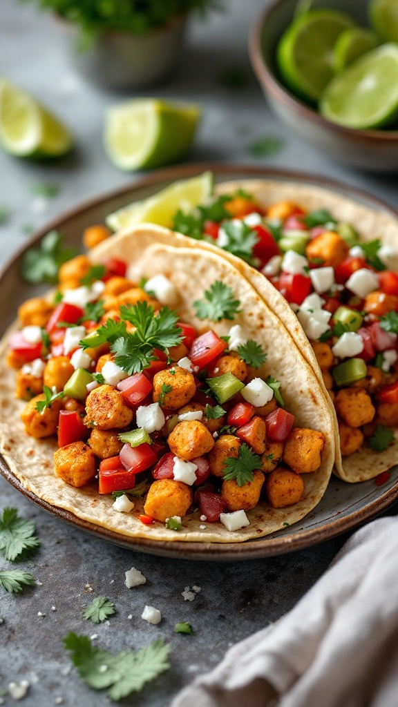 Delicious spicy chickpea tacos topped with fresh veggies and garnished with cilantro