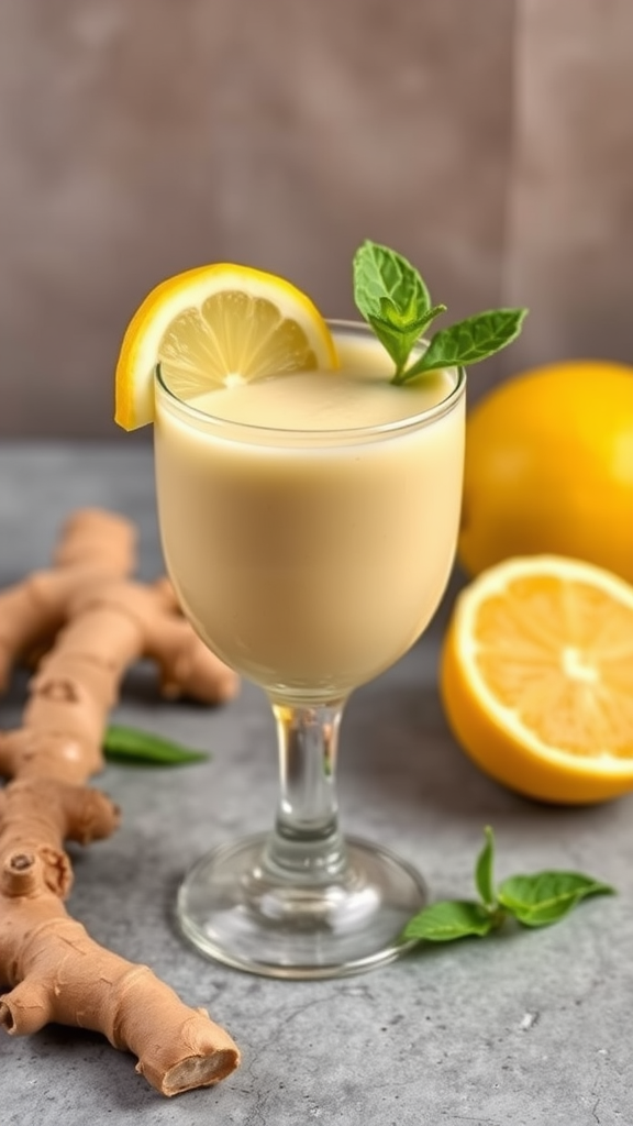 A glass of Spicy Ginger Zinger drink garnished with a lemon slice and mint leaves, surrounded by ginger root and lemon halves.