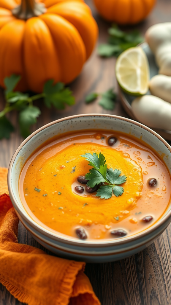 A bowl of spicy pumpkin and black bean soup garnished with cilantro, surrounded by a pumpkin, lime, and ingredients on a wooden table.