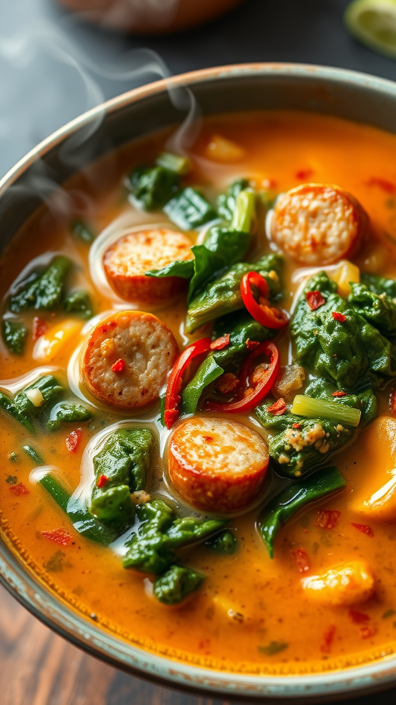 A bowl of spicy sausage and kale soup with chunks of sausage, kale, and potatoes in a rich broth.