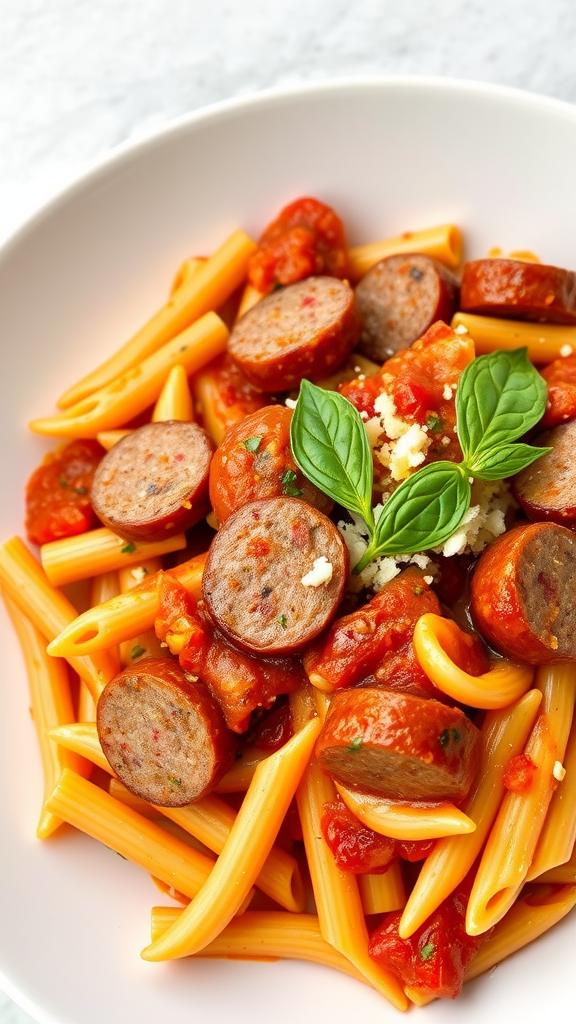 A bowl of Spicy Sausage Penne Arrabbiata with sausage slices, tomato sauce, and fresh basil.