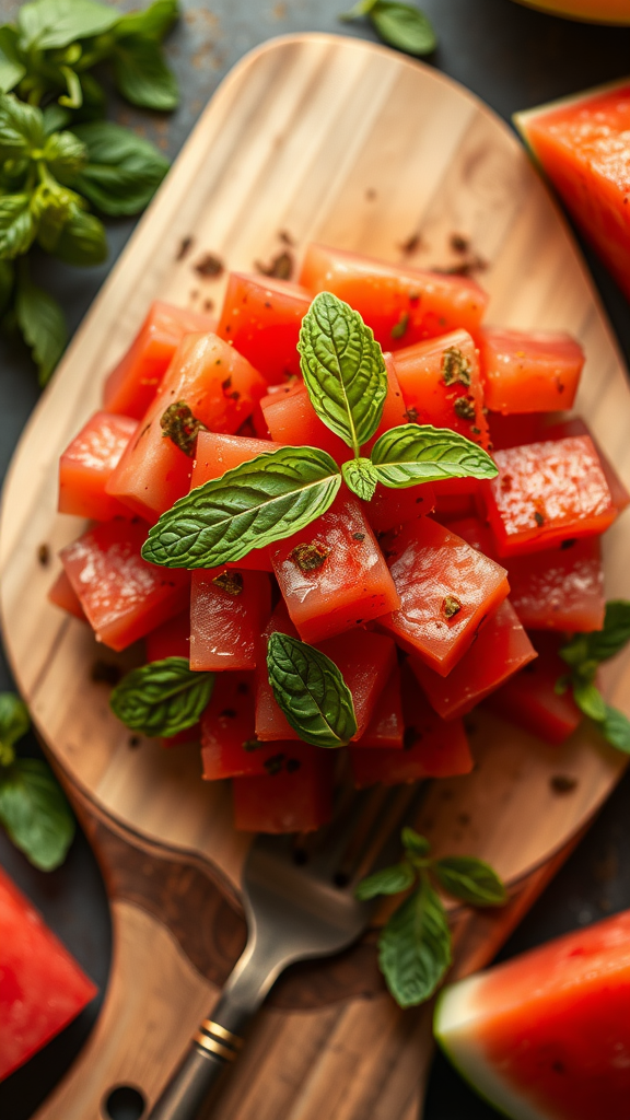 A vibrant display of watermelon cubes topped with mint leaves on a wooden platter.