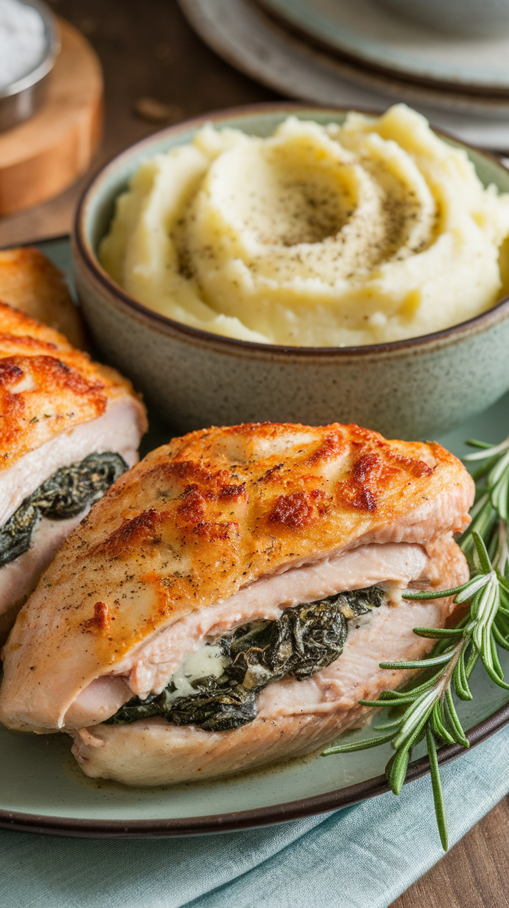 A plate of spinach and cheese stuffed chicken breasts served with mashed potatoes.