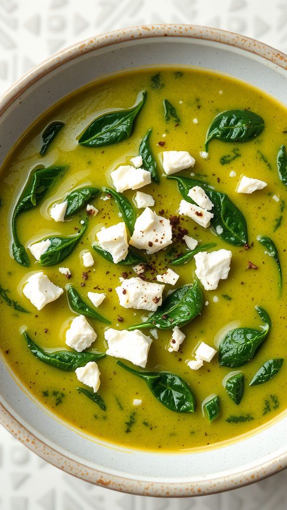 A bowl of spinach and feta soup with fresh spinach leaves and feta cheese on top.