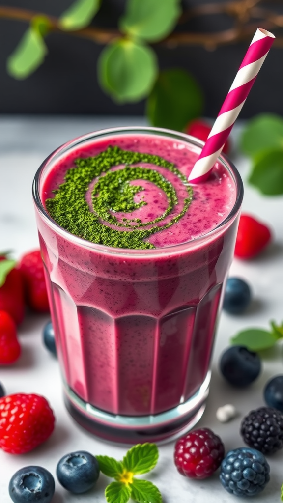 A colorful smoothie topped with spirulina, surrounded by fresh berries.