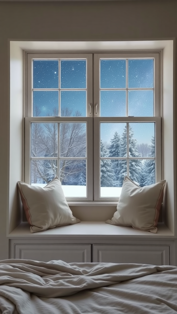 Cozy window nook with pillows, showcasing a snowy landscape and starry sky outside.