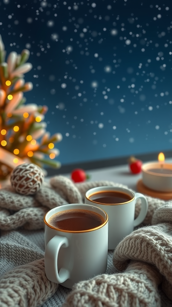 Two mugs of hot chocolate on a table with a cozy knitted blanket and a starry night background.