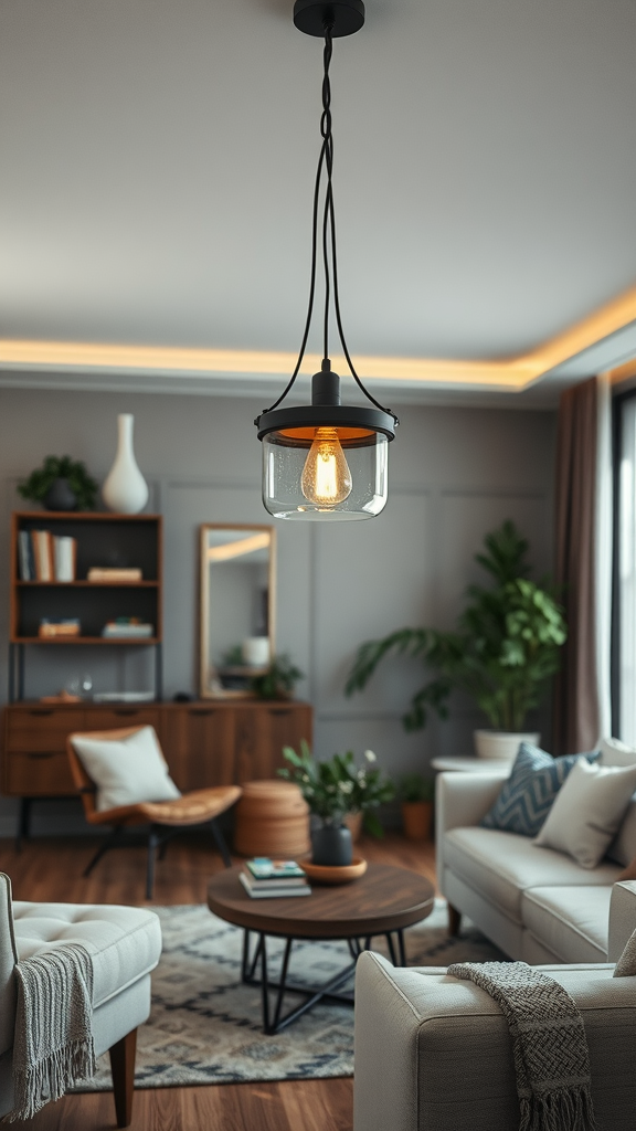 A modern pendant light with a glass shade illuminating a cozy living room.