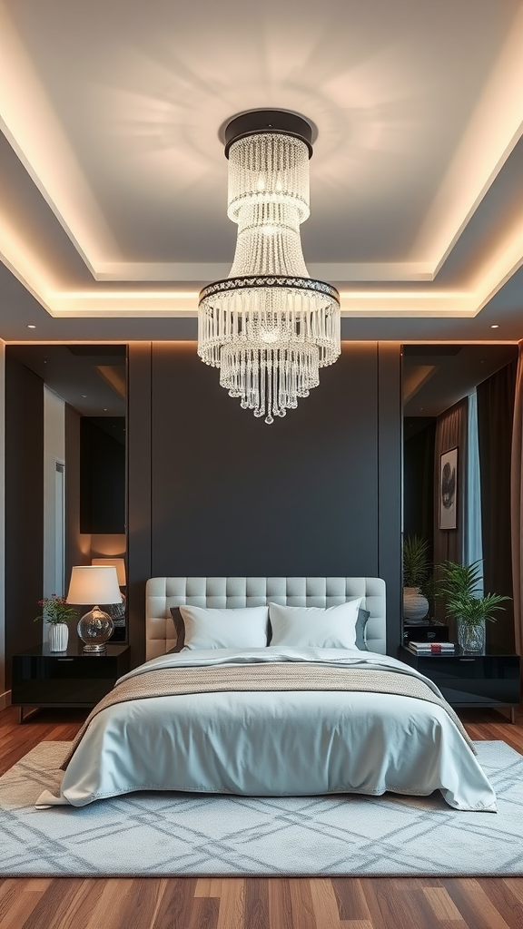 A modern bedroom featuring a stylish chandelier, elegant bed, and sleek decor.