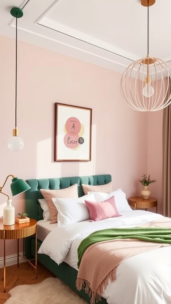 A cozy bedroom featuring green and pink pendant lights, complemented by soft bedding and decorative elements.